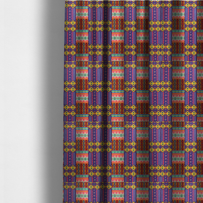 The fabric used to create these made-to-measure curtains is a seamless repeating geometric fabric pattern featuring vibrant tribal and Aztec-inspired patchwork bands in neon yellow, bright pink, cobalt blue, and turquoise.