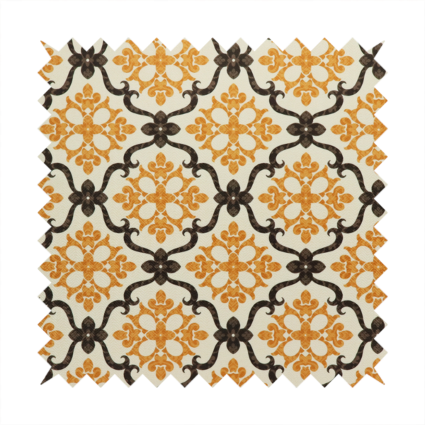 Mustard yellow and dark brown vintage ogee damask pattern fabric on an off-white background.
