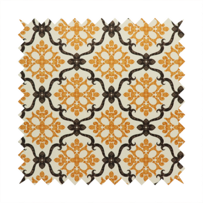 Mustard yellow and dark brown vintage ogee damask pattern fabric on an off-white background.