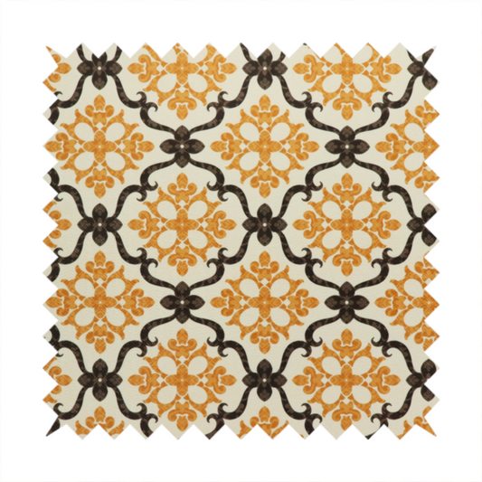 Mustard yellow and dark brown vintage ogee damask pattern fabric on an off-white background.