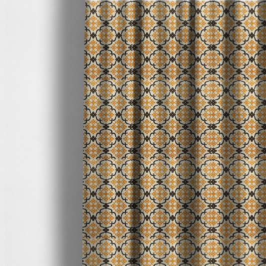 The fabric used to create these made-to-measure curtains is a mustard yellow and dark brown vintage ogee damask pattern fabric on an off-white background.