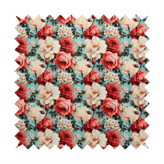 Vintage red, pink, and cream roses print fabric on a duck egg blue background.