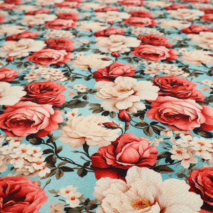 Vintage red, pink, and cream roses print fabric on a duck egg blue background.