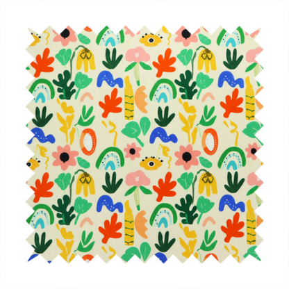 Playful Matisse-style abstract floral and botanical print fabric on an off-white background.