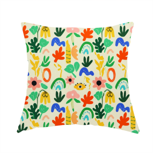 The fabric used to create this handmade cushion is a playful Matisse-style abstract floral and botanical print fabric on an off-white background.