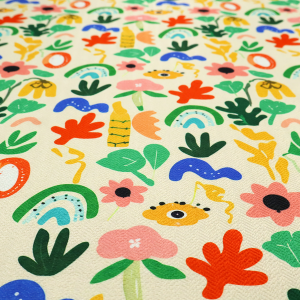 Playful Matisse-style abstract floral and botanical print fabric on an off-white background.