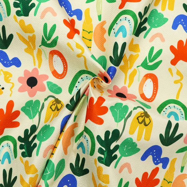 Playful Matisse-style abstract floral and botanical print fabric on an off-white background.