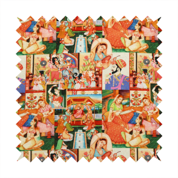 Traditional Indian Mughal miniature painting fabric featuring vibrant royal court scenes and portraits.