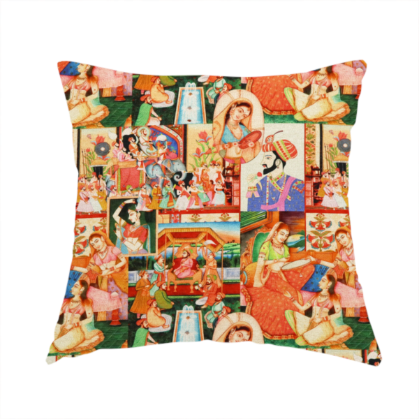 The fabric used to create this handmade cushion is a traditional Indian Mughal miniature painting fabric featuring vibrant royal court scenes and portraits.