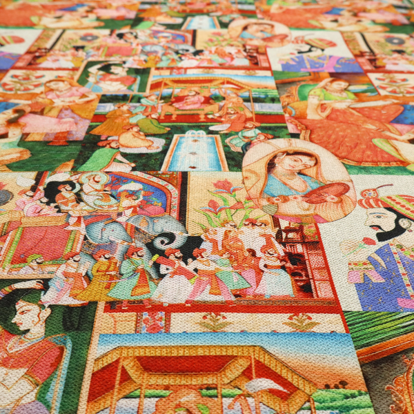 Traditional Indian Mughal miniature painting fabric featuring vibrant royal court scenes and portraits.