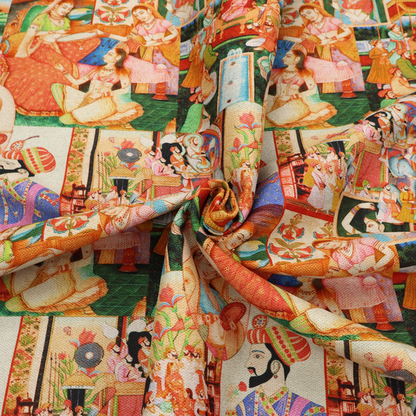 Traditional Indian Mughal miniature painting fabric featuring vibrant royal court scenes and portraits.