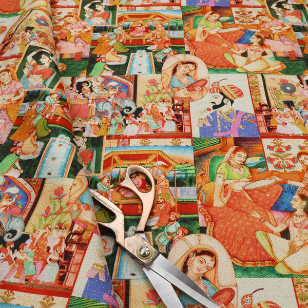 Traditional Indian Mughal miniature painting fabric featuring vibrant royal court scenes and portraits.