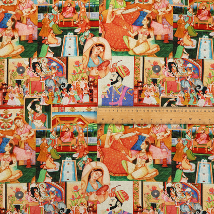 Traditional Indian Mughal miniature painting fabric featuring vibrant royal court scenes and portraits.