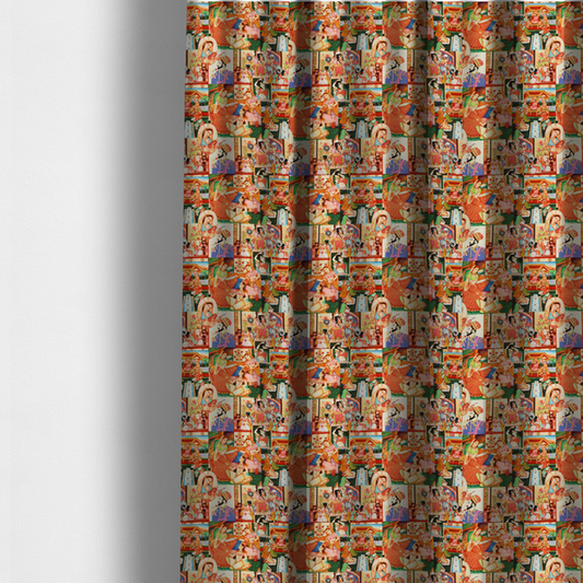 The fabric used to create these made-to-measure curtains is a traditional Indian Mughal miniature painting fabric featuring vibrant royal court scenes and portraits.