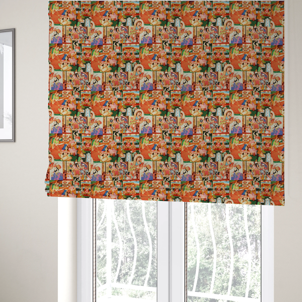 The fabric used to create these Roman blinds is a traditional Indian Mughal miniature painting fabric featuring vibrant royal court scenes and portraits.