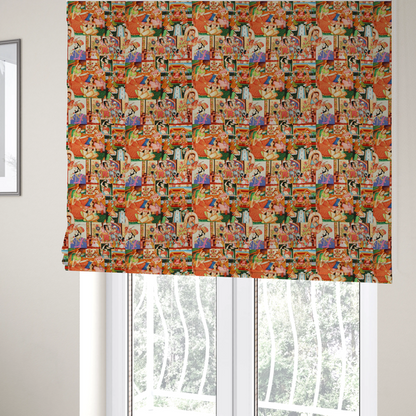 The fabric used to create these Roman blinds is a traditional Indian Mughal miniature painting fabric featuring vibrant royal court scenes and portraits.