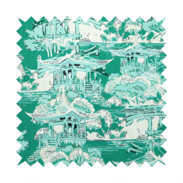Jade green Chinoiseries fabric featuring an intricate pattern of traditional pagodas, bridges, and lush trees.