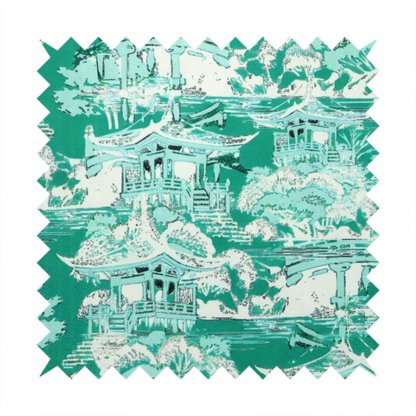Jade green Chinoiseries fabric featuring an intricate pattern of traditional pagodas, bridges, and lush trees.
