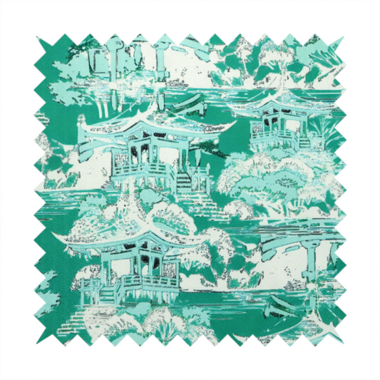 Jade green Chinoiseries fabric featuring an intricate pattern of traditional pagodas, bridges, and lush trees.