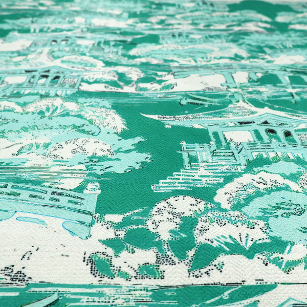 Jade green Chinoiseries fabric featuring an intricate pattern of traditional pagodas, bridges, and lush trees.