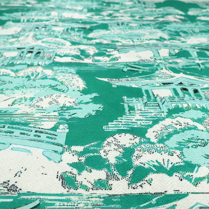 Jade green Chinoiseries fabric featuring an intricate pattern of traditional pagodas, bridges, and lush trees.