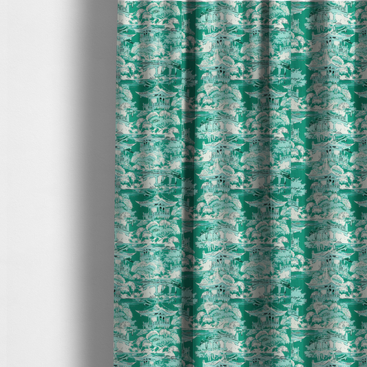 The fabric used to create these made-to-measure curtains is a jade green Chinoiseries fabric featuring an intricate pattern of traditional pagodas, bridges, and lush trees.