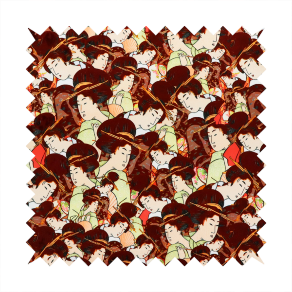 Seamless fabric pattern featuring detailed Japanese ukiyo-e style illustrations of geishas or women in traditional kimonos, with high dark updos and hair ornaments, repeating against a warm dark red and gold-patterned background.