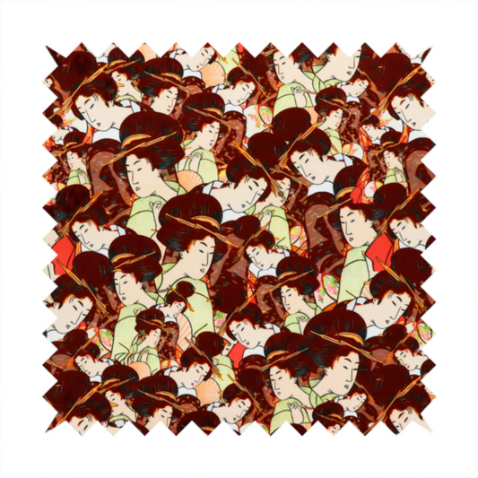 Seamless fabric pattern featuring detailed Japanese ukiyo-e style illustrations of geishas or women in traditional kimonos, with high dark updos and hair ornaments, repeating against a warm dark red and gold-patterned background.