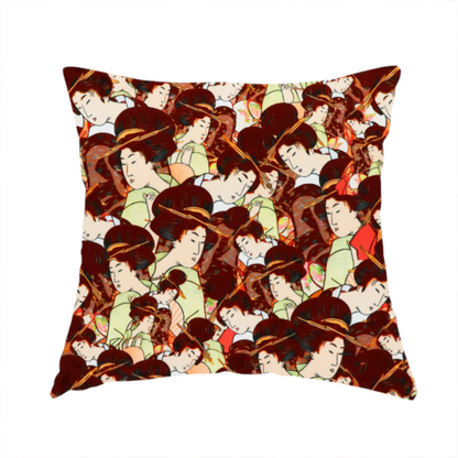 The fabric used to create this handmade cushion is a seamless fabric pattern featuring detailed Japanese ukiyo-e style illustrations of geishas or women in traditional kimonos, with high dark updos and hair ornaments, repeating against a warm dark red and gold-patterned background.