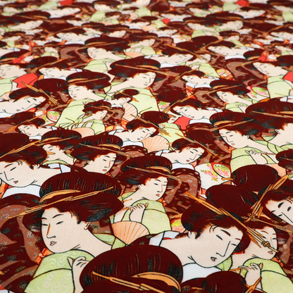 Seamless fabric pattern featuring detailed Japanese ukiyo-e style illustrations of geishas or women in traditional kimonos, with high dark updos and hair ornaments, repeating against a warm dark red and gold-patterned background.