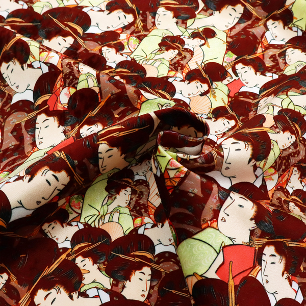 Seamless fabric pattern featuring detailed Japanese ukiyo-e style illustrations of geishas or women in traditional kimonos, with high dark updos and hair ornaments, repeating against a warm dark red and gold-patterned background.