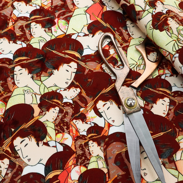 Seamless fabric pattern featuring detailed Japanese ukiyo-e style illustrations of geishas or women in traditional kimonos, with high dark updos and hair ornaments, repeating against a warm dark red and gold-patterned background.