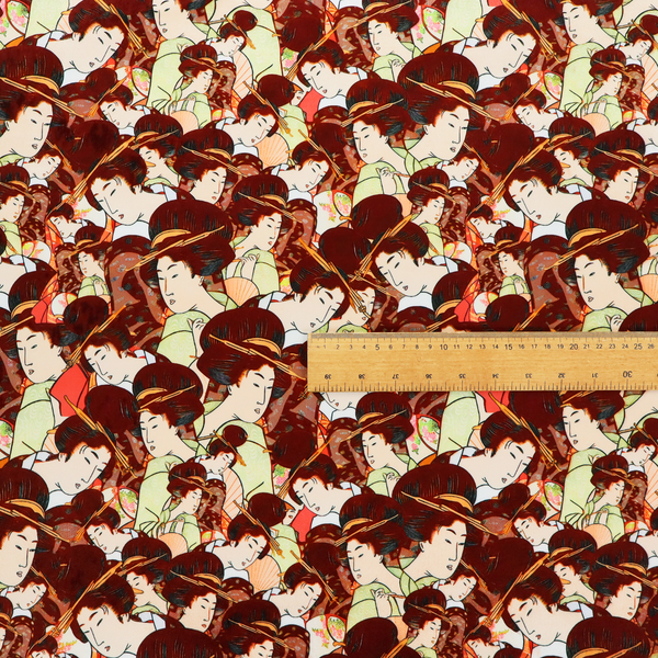 Seamless fabric pattern featuring detailed Japanese ukiyo-e style illustrations of geishas or women in traditional kimonos, with high dark updos and hair ornaments, repeating against a warm dark red and gold-patterned background.