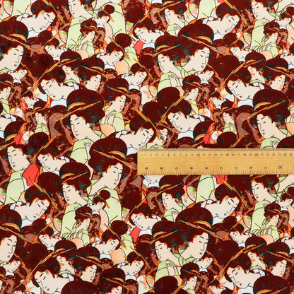 Seamless fabric pattern featuring detailed Japanese ukiyo-e style illustrations of geishas or women in traditional kimonos, with high dark updos and hair ornaments, repeating against a warm dark red and gold-patterned background.