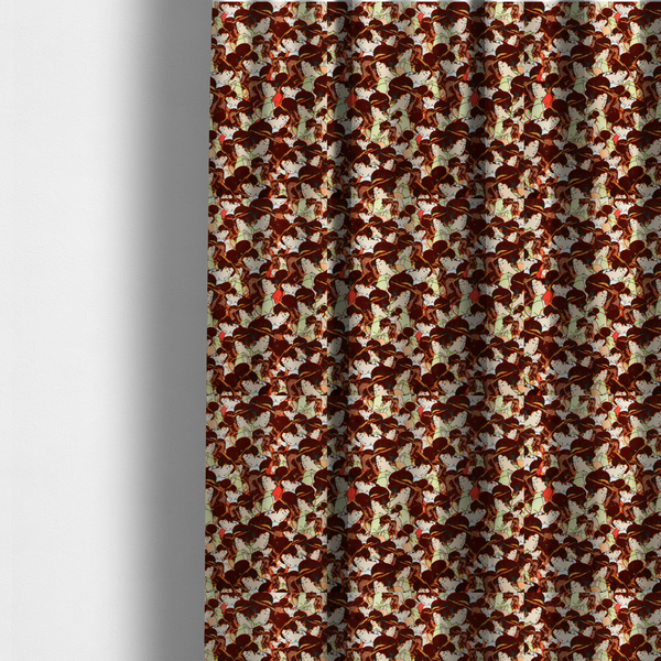 The fabric used to create these made-to-measure curtains is a seamless fabric pattern featuring detailed Japanese ukiyo-e style illustrations of geishas or women in traditional kimonos, with high dark updos and hair ornaments, repeating against a warm dark red and gold-patterned background.
