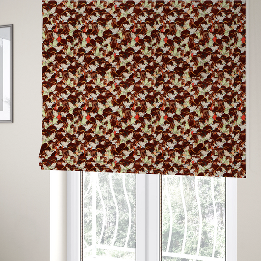 The fabric used to create these Roman blinds is a seamless fabric pattern featuring detailed Japanese ukiyo-e style illustrations of geishas or women in traditional kimonos, with high dark updos and hair ornaments, repeating against a warm dark red and gold-patterned background.