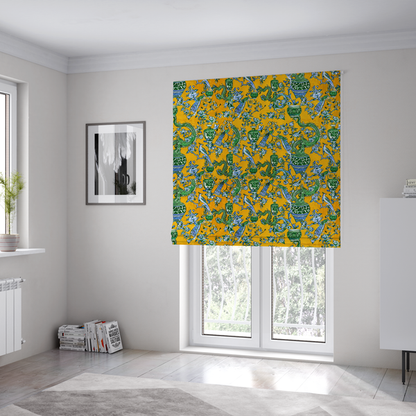 The fabric used to create these Roman blinds is a seamless fabric pattern featuring Chinoiserie-style green dragons, blue and white peacocks, ornate vases, and floral branches against a vibrant mustard yellow background.