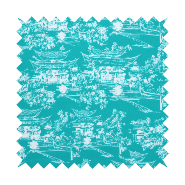 Bright turquoise fabric featuring a white Chinoiserie Toile pattern with pagoda structures, Asian landscape scenes, and botanical details.   