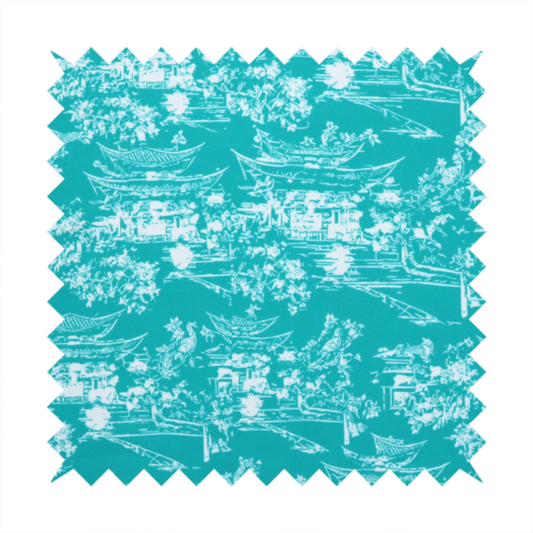 Bright turquoise fabric featuring a white Chinoiserie Toile pattern with pagoda structures, Asian landscape scenes, and botanical details.   
