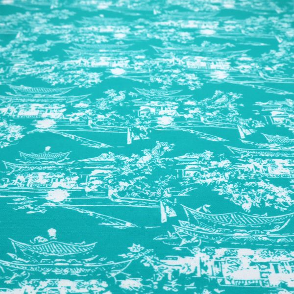 Bright turquoise fabric featuring a white Chinoiserie Toile pattern with pagoda structures, Asian landscape scenes, and botanical details.   