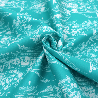 Bright turquoise fabric featuring a white Chinoiserie Toile pattern with pagoda structures, Asian landscape scenes, and botanical details.   