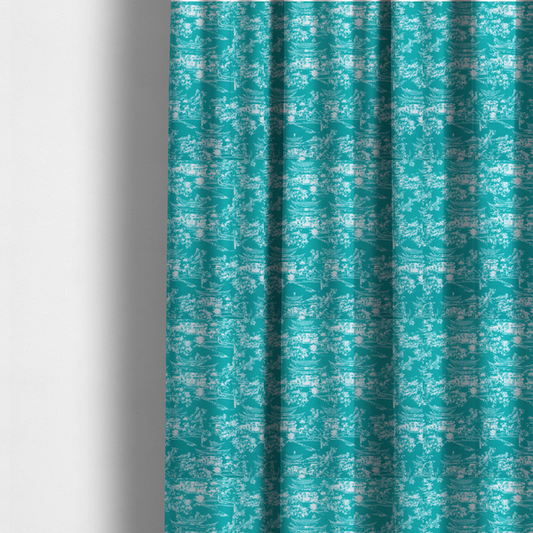 The fabric used to create these made-to-measure curtains is a bright turquoise fabric featuring a white Chinoiserie Toile pattern with pagoda structures, Asian landscape scenes, and botanical details.   