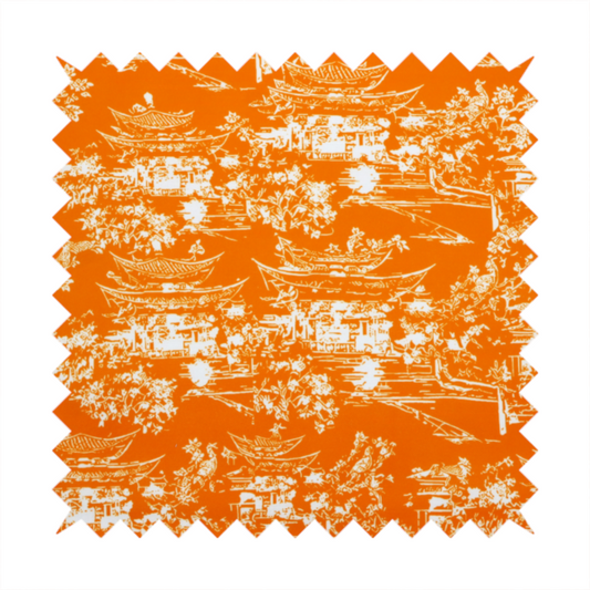 Vibrant orange fabric featuring a white Chinoiserie Toile pattern with pagodas, scenic Asian landscapes, and botanical details.   
