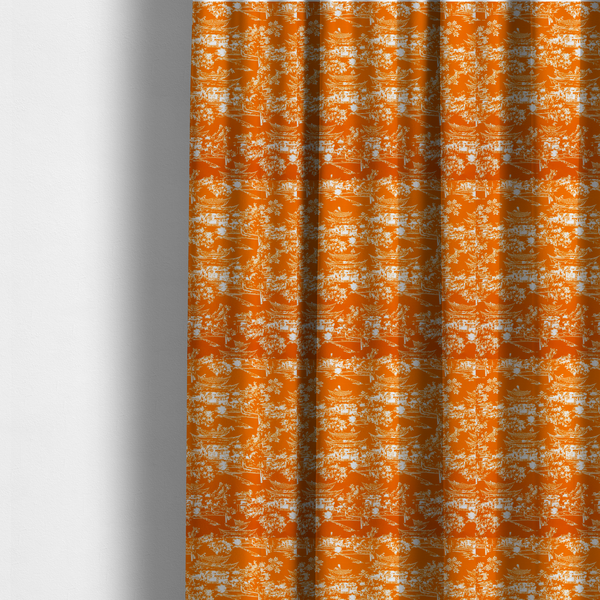 The fabric used to create these made-to-measure curtains is a vibrant orange fabric featuring a white Chinoiserie Toile pattern with pagodas, scenic Asian landscapes, and botanical details.   