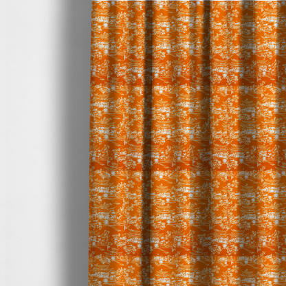 The fabric used to create these made-to-measure curtains is a vibrant orange fabric featuring a white Chinoiserie Toile pattern with pagodas, scenic Asian landscapes, and botanical details.   