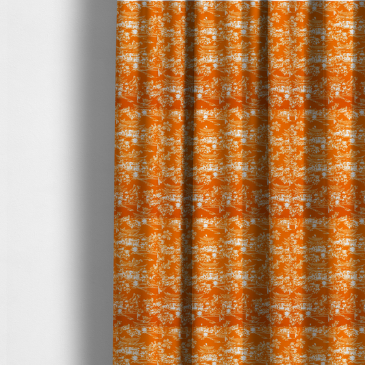 The fabric used to create these made-to-measure curtains is a vibrant orange fabric featuring a white Chinoiserie Toile pattern with pagodas, scenic Asian landscapes, and botanical details.   