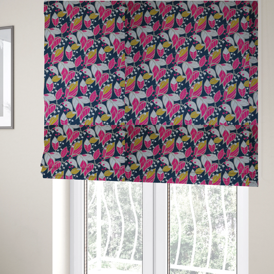 Navy Ground Bright Foliage Pattern Upholstery Fabric DP-12 - Roman Blinds