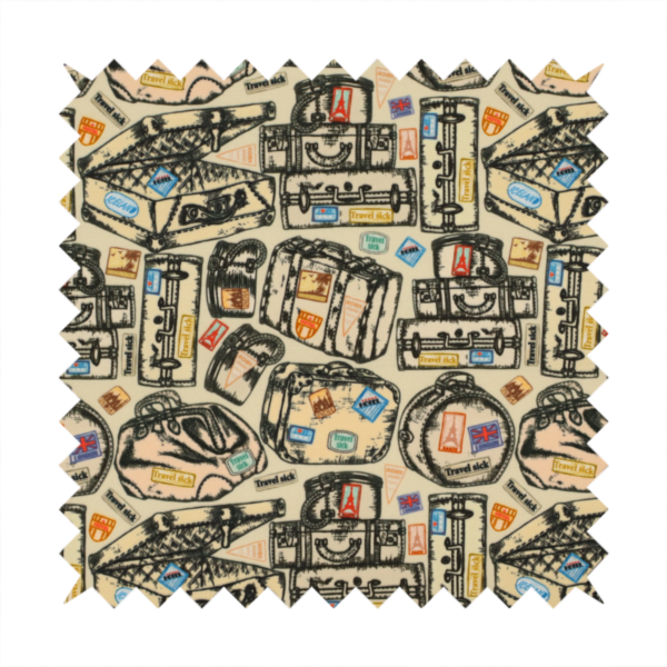 This fabric includes numerous variations of sketched travel bags, along with colourful stamps from different holiday destinations, on a natural background.