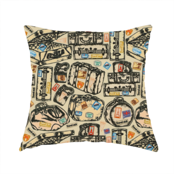 The fabric that has been used to create this cushion includes numerous variations of sketched travel bags, along with colourful stamps from different holiday destinations, on a natural background.