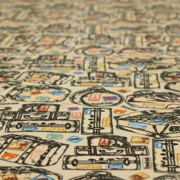 This fabric includes numerous variations of sketched travel bags, along with colourful stamps from different holiday destinations, on a natural background.